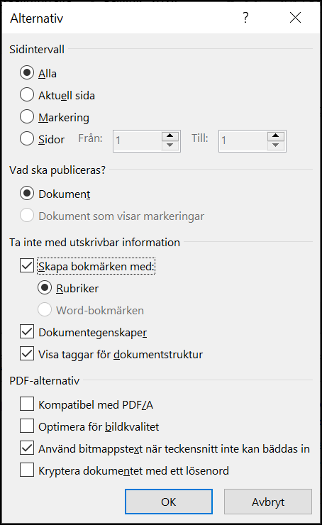 Alternativ för pdf-export. Valen beskrivs ovan.