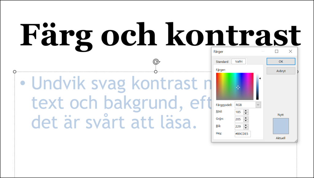Skärmbild från PowerPoints Färger dialogruta.