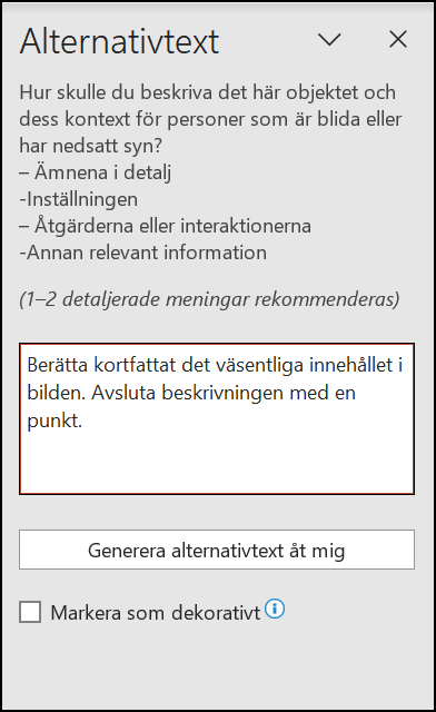 Skärmbild från PowerPoints Alternativtext fliken.