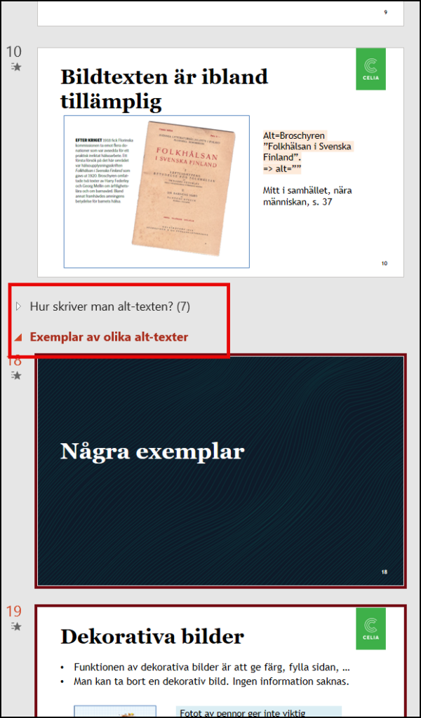 Skärmbild från PowerPoint-vyn med två olika avsnitt.