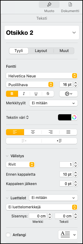 Ruutukaappaus Pages-ohjelman tyylivalikosta.