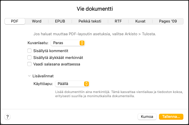 Ruutukaappaus Pages-ohjelman Vie dokumentti -valintaikkunasta.