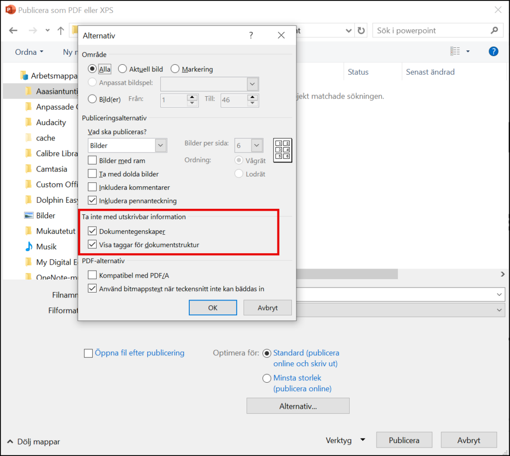 Skärmbild från PowerPoints Publicera som PDF dialogfönster.
