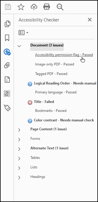 Skärmbild från Adobe Acrobats tillgänglighetsrapport.