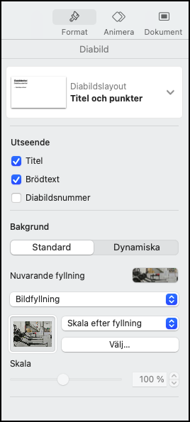 Skärmbild av Keynotes diabildslayoutmenyn.