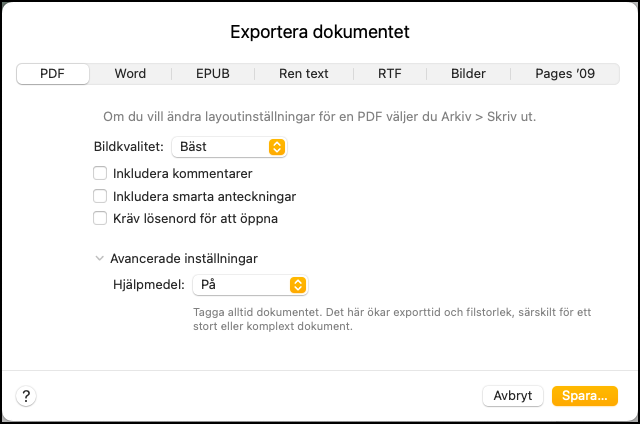 Skärmbild från Apple Pages Exportera dokument fliken.