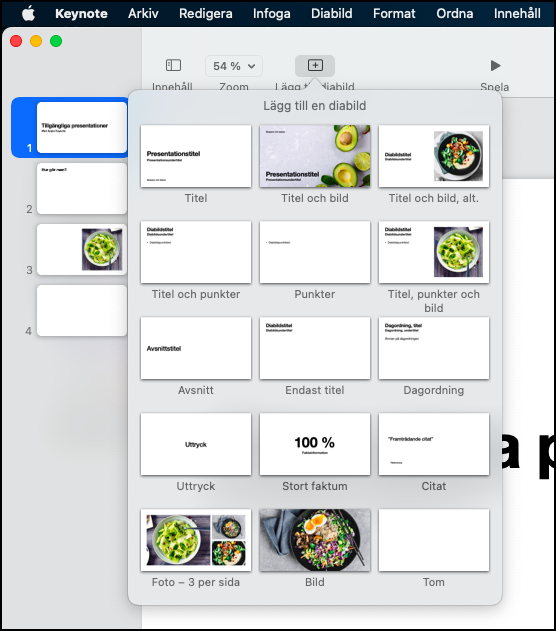 Skärmbild från Keynotes menun Lägg till en diabild.