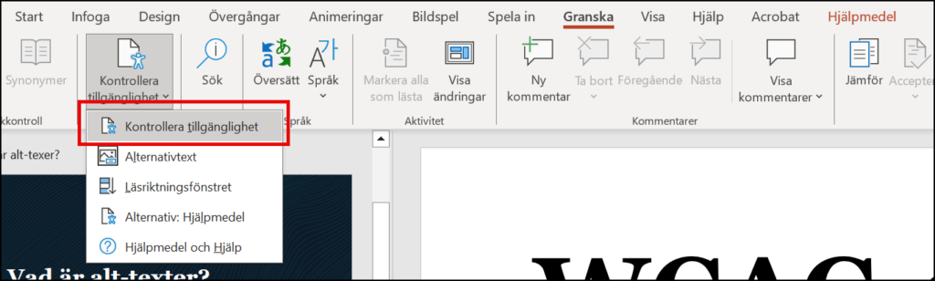 Skärmbild från PowerPoints Kontrollera tillgängighet menyn.